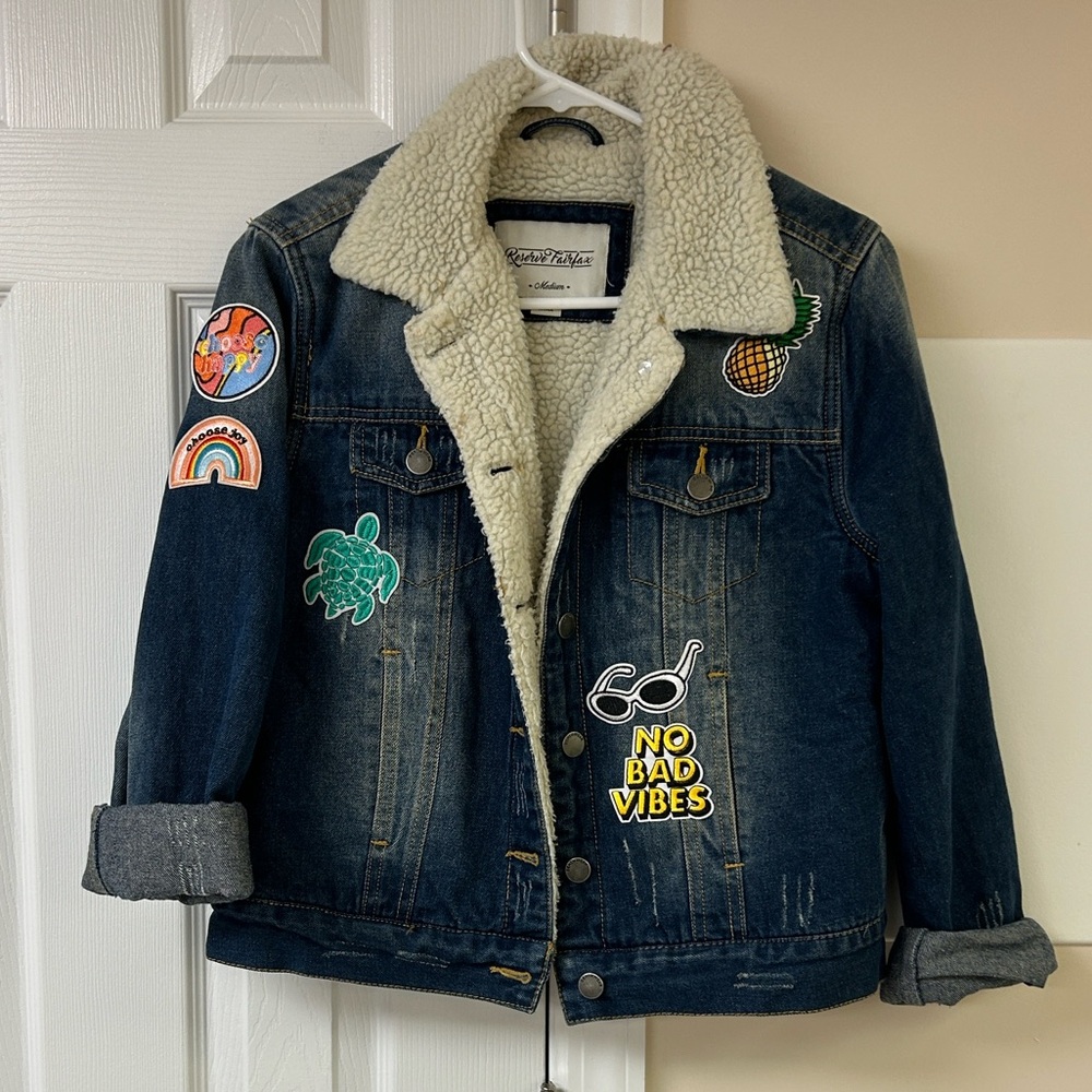 Blue Denim Jacket with Fun Patches and Sherpa Collar
